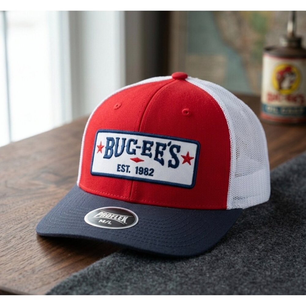 Buc-ees Red & Navy Mesh Back Hat M/L Proflex Adjustable